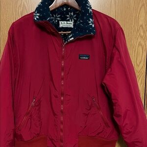 L.L. Bean Red Jacket with blue snowflake fleece lining